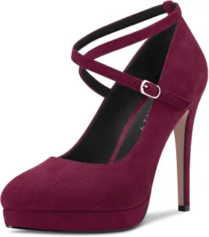DearOnly Womens Platform Heel Pumps Closed Toe Ankle Strap Stiletto High Heel Suede Bridal Wedding Dress Shoes 5 Inch