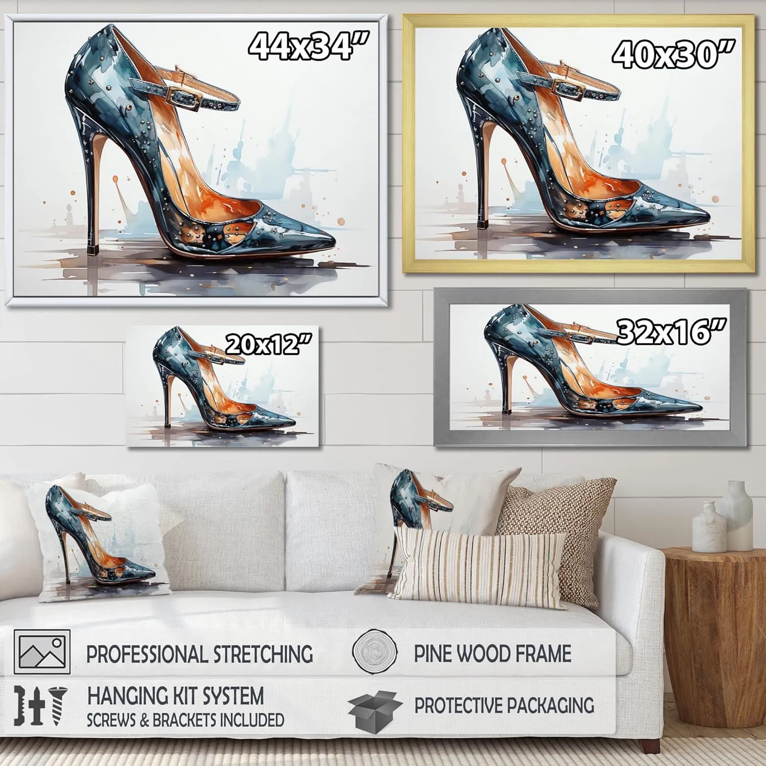 DesignQ Fashion Wall Art, Black Stylish High Heel Power I, fashion Large Wall art decor, Black Glam Canvas wall art, 32x24 inches