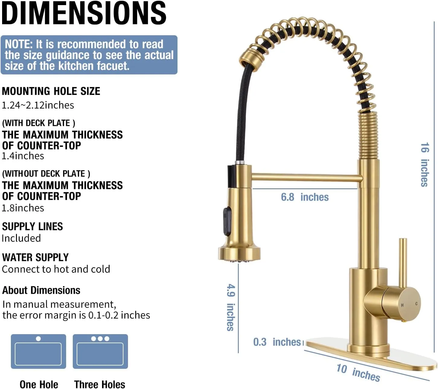 DJS Kitchen Faucets with Pull Down Sprayer Brushed Gold -【High Arc】 Single Handle 1 or 3 Holes Spring Kitchen Sink Faucet with Deck Plate for Farmhouse RV Vessel Basin