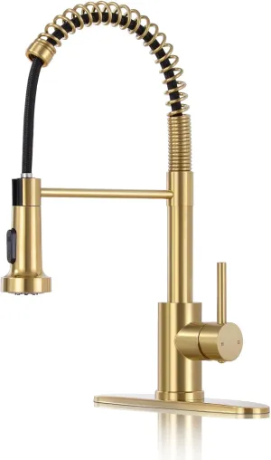DJS Kitchen Faucets with Pull Down Sprayer Brushed Gold -【High Arc】 Single Handle 1 or 3 Holes Spring Kitchen Sink Faucet with Deck Plate for Farmhouse RV Vessel Basin