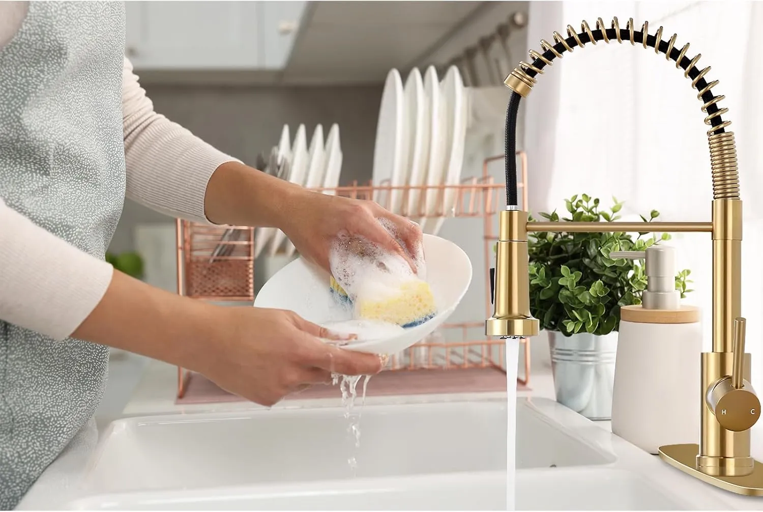 DJS Kitchen Faucets with Pull Down Sprayer Brushed Gold -【High Arc】 Single Handle 1 or 3 Holes Spring Kitchen Sink Faucet with Deck Plate for Farmhouse RV Vessel Basin