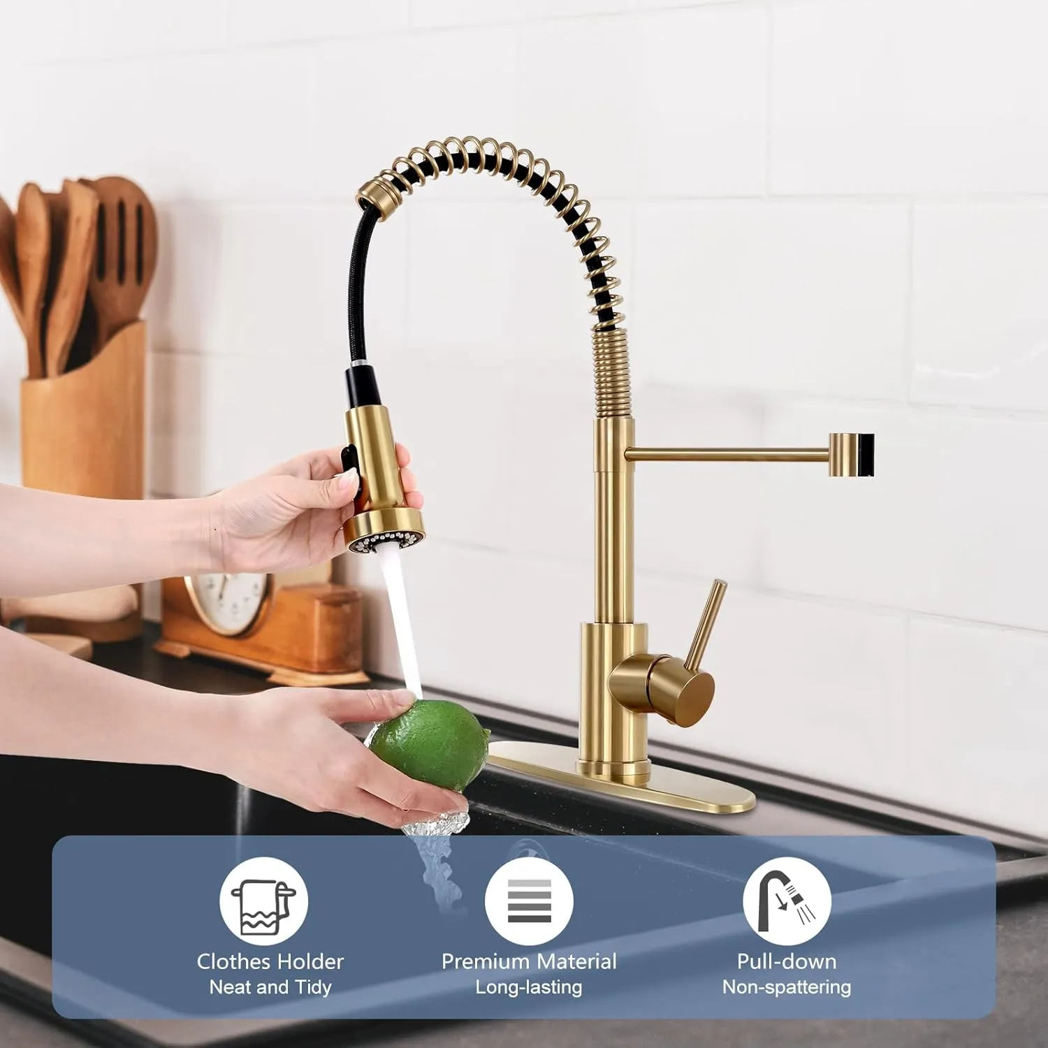 DJS Kitchen Faucets with Pull Down Sprayer Brushed Gold -【High Arc】 Single Handle 1 or 3 Holes Spring Kitchen Sink Faucet with Deck Plate for Farmhouse RV Vessel Basin