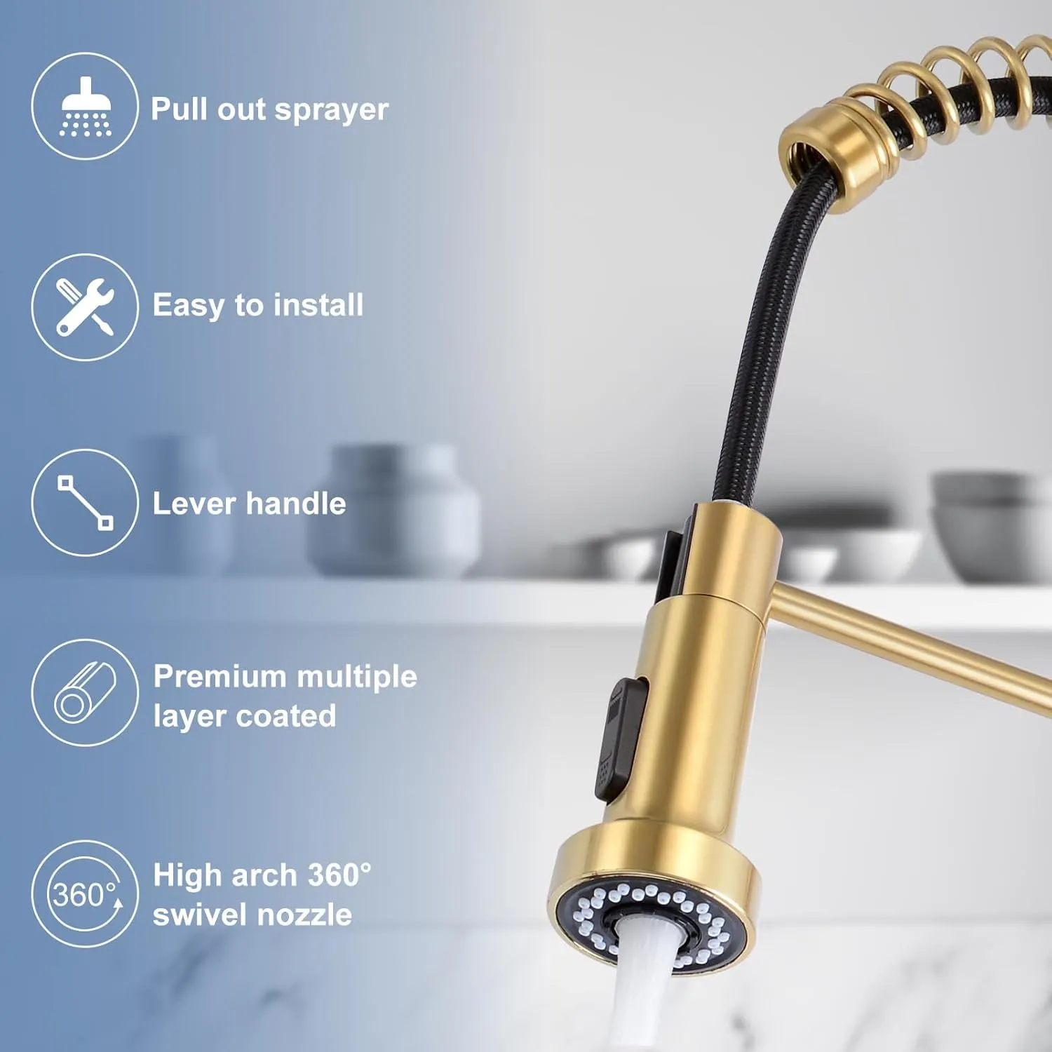 DJS Kitchen Faucets with Pull Down Sprayer Brushed Gold -【High Arc】 Single Handle 1 or 3 Holes Spring Kitchen Sink Faucet with Deck Plate for Farmhouse RV Vessel Basin