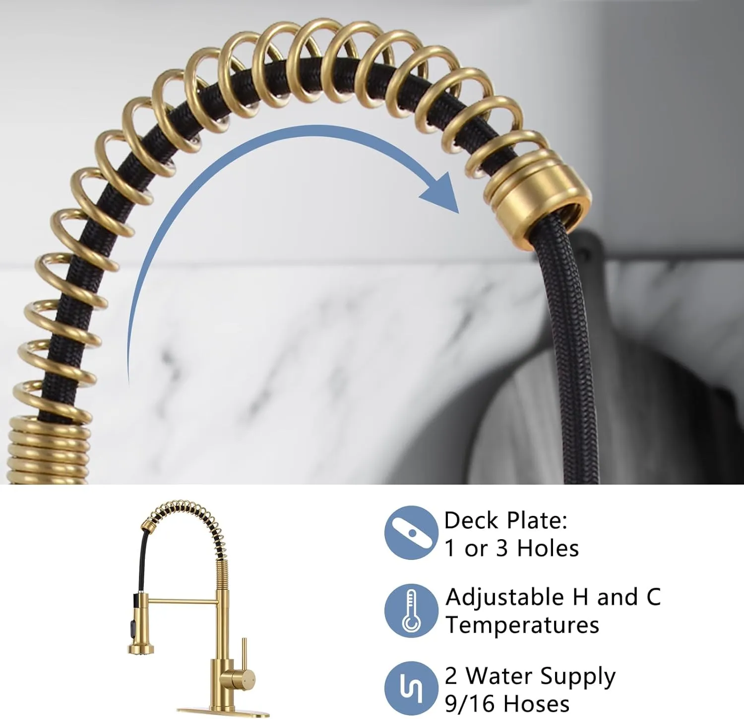 DJS Kitchen Faucets with Pull Down Sprayer Brushed Gold -【High Arc】 Single Handle 1 or 3 Holes Spring Kitchen Sink Faucet with Deck Plate for Farmhouse RV Vessel Basin