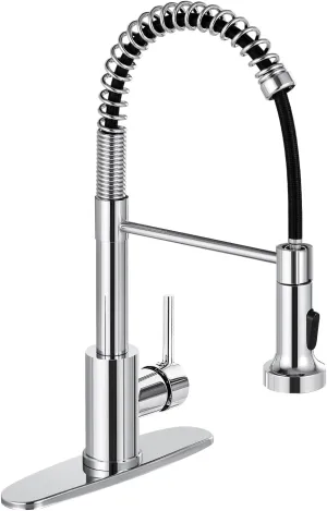 DJS Kitchen Faucets with Pull Down Sprayer Chrome -【High Arc】 Single Handle 1 or 3 Holes Spring Kitchen Sink Faucet with Deck Plate for Farmhouse RV Vessel Basin