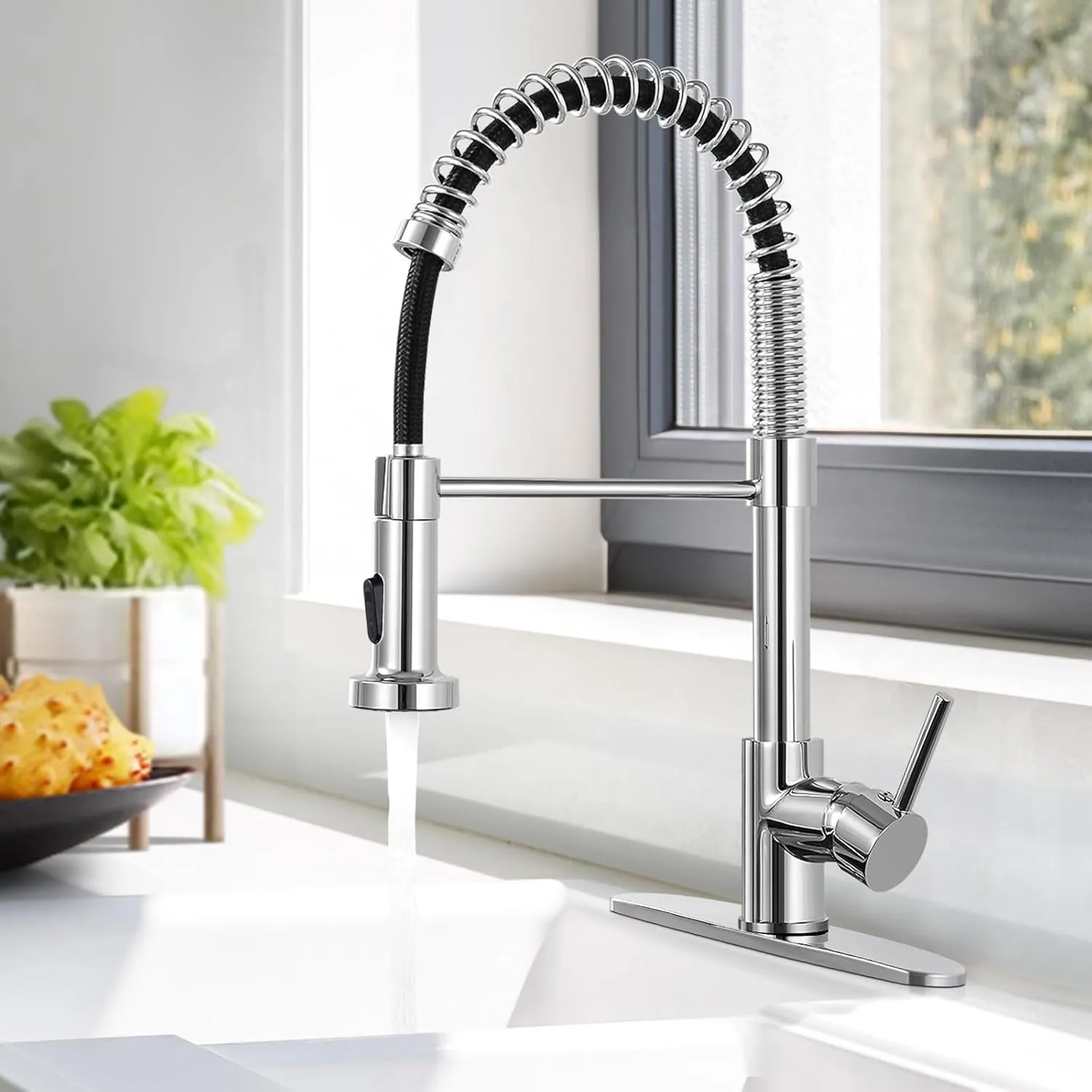 DJS Kitchen Faucets with Pull Down Sprayer Chrome -【High Arc】 Single Handle 1 or 3 Holes Spring Kitchen Sink Faucet with Deck Plate for Farmhouse RV Vessel Basin