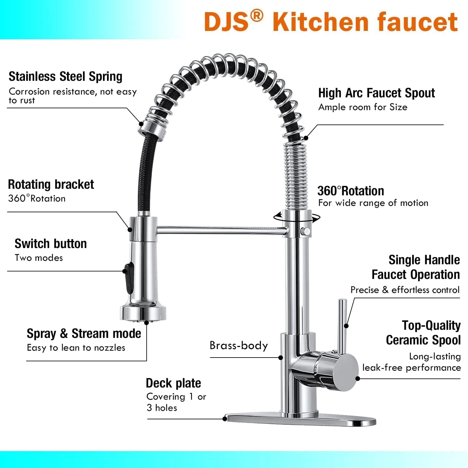 DJS Kitchen Faucets with Pull Down Sprayer Chrome -【High Arc】 Single Handle 1 or 3 Holes Spring Kitchen Sink Faucet with Deck Plate for Farmhouse RV Vessel Basin