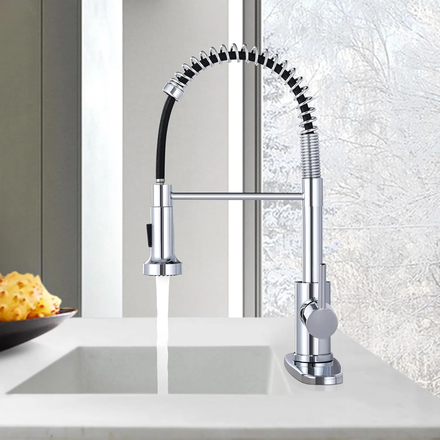 DJS Kitchen Faucets with Pull Down Sprayer Chrome -【High Arc】 Single Handle 1 or 3 Holes Spring Kitchen Sink Faucet with Deck Plate for Farmhouse RV Vessel Basin