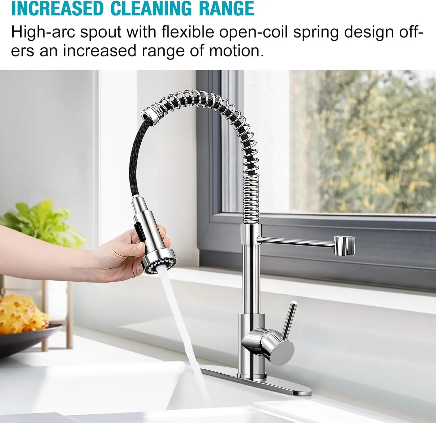DJS Kitchen Faucets with Pull Down Sprayer Chrome -【High Arc】 Single Handle 1 or 3 Holes Spring Kitchen Sink Faucet with Deck Plate for Farmhouse RV Vessel Basin