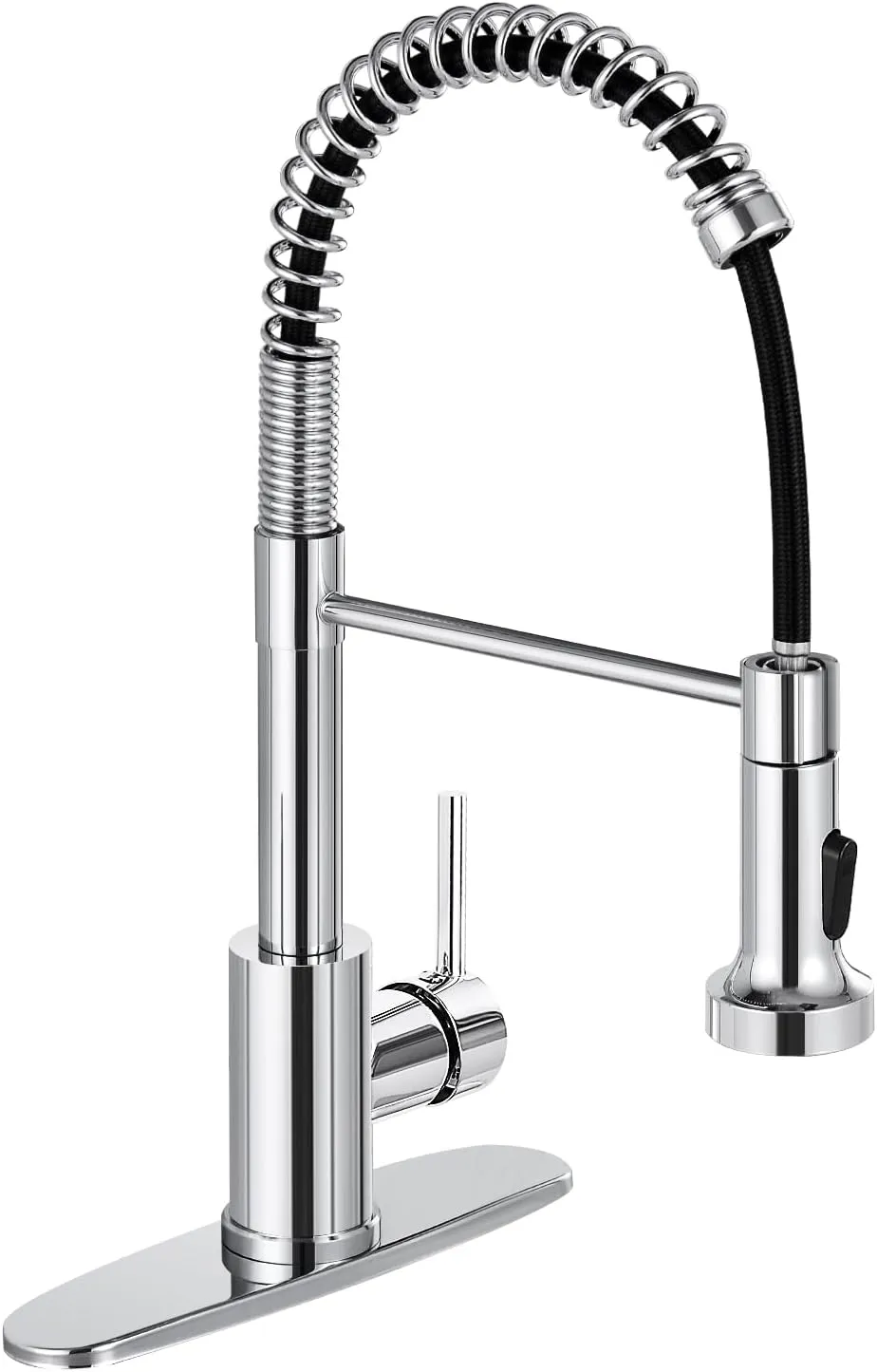DJS Kitchen Faucets with Pull Down Sprayer Chrome -【High Arc】 Single Handle 1 or 3 Holes Spring Kitchen Sink Faucet with Deck Plate for Farmhouse RV Vessel Basin