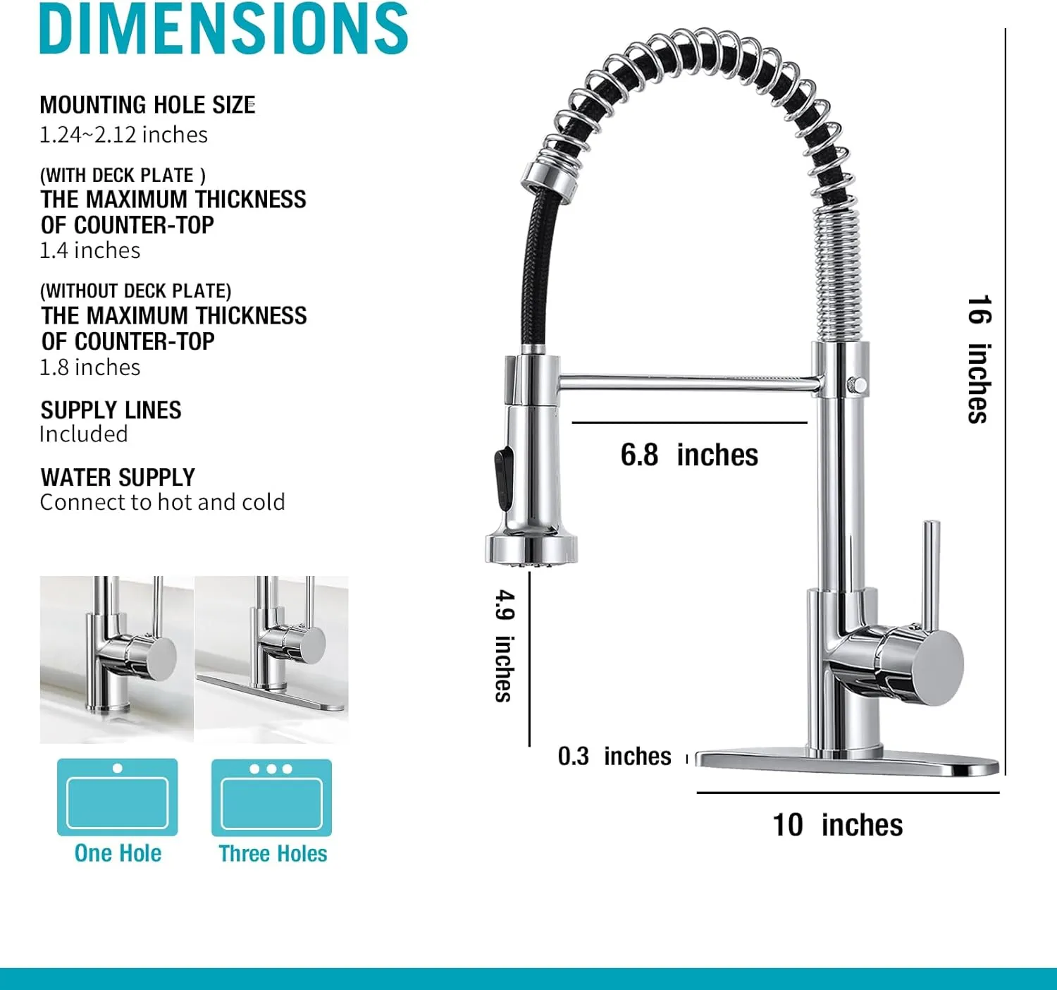 DJS Kitchen Faucets with Pull Down Sprayer Chrome -【High Arc】 Single Handle 1 or 3 Holes Spring Kitchen Sink Faucet with Deck Plate for Farmhouse RV Vessel Basin