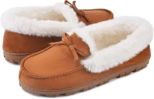 DL Women's Memory Foam Moccasin Slippers Micro Suede with Breathable Faux Fur Lining Slip On House Shoes Micro Indoor & Outdoor