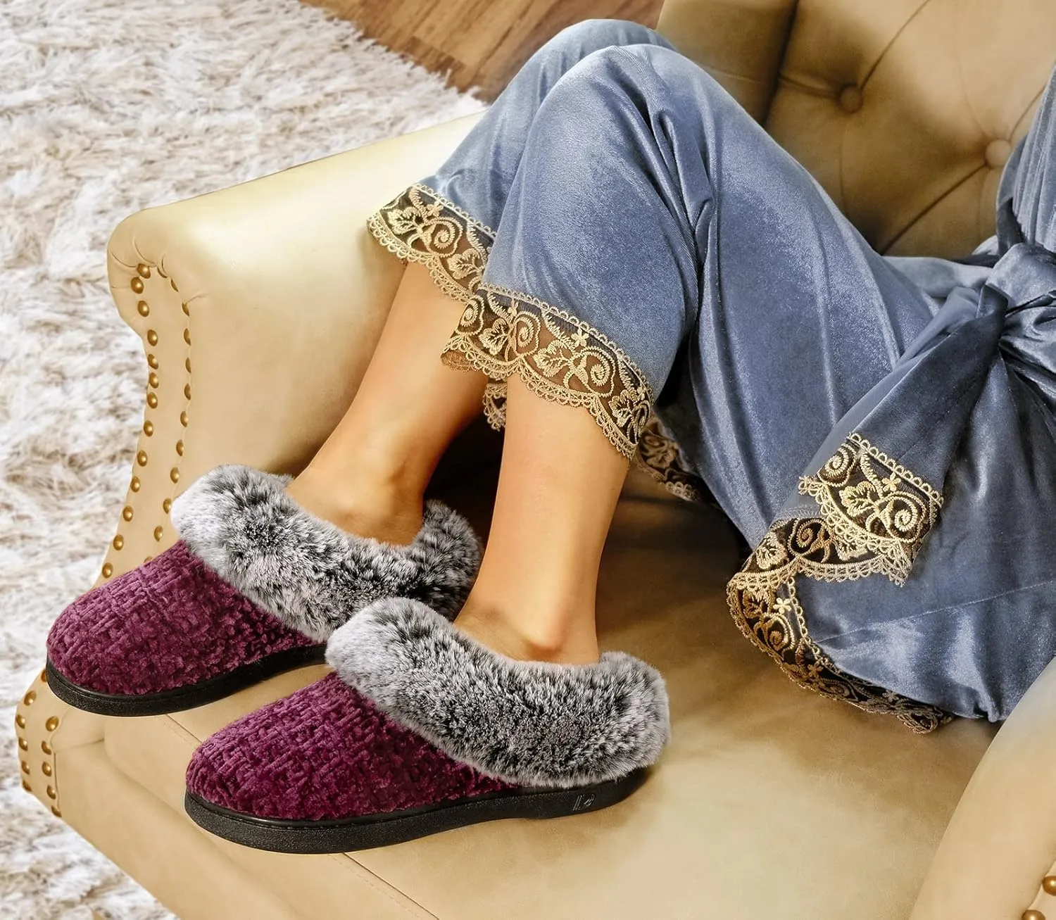 DL Women's Memory Foam Moccasin Slippers Micro Suede with Breathable Faux Fur Lining Slip On House Shoes Micro Indoor & Outdoor