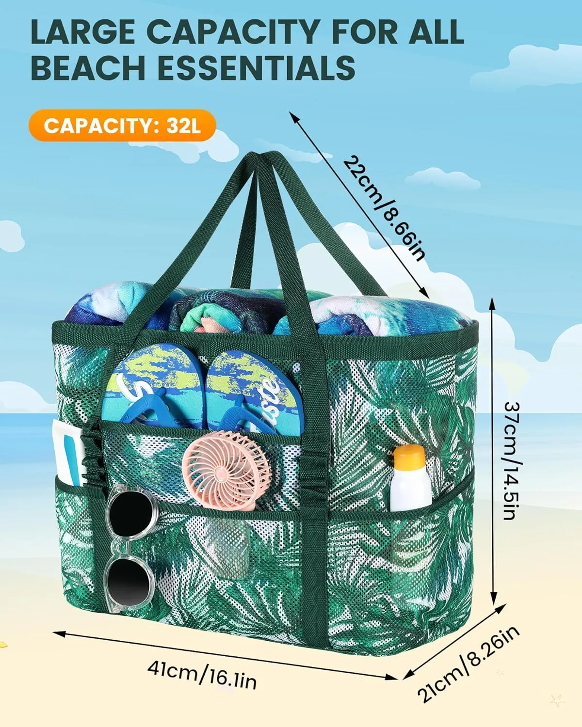 DOFOWORK Beach Bags for Women - Large beach bag, Mesh Beach Bag with 9 Pockets, Lightweight Tote Bag for Vacation