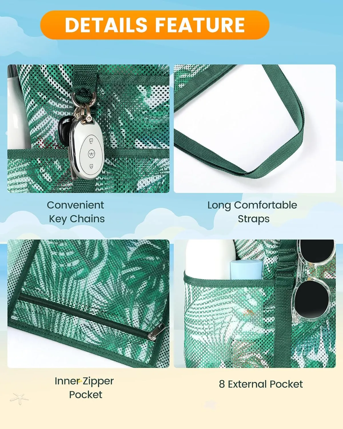 DOFOWORK Beach Bags for Women - Large beach bag, Mesh Beach Bag with 9 Pockets, Lightweight Tote Bag for Vacation