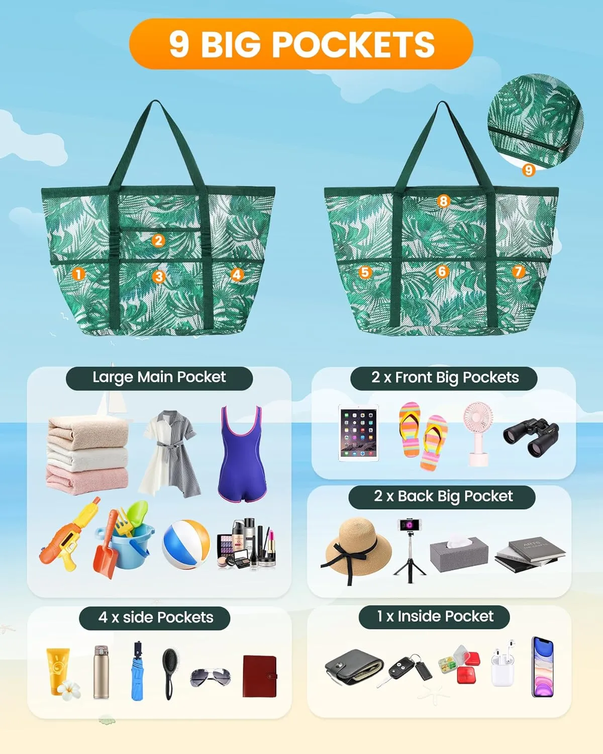 DOFOWORK Beach Bags for Women - Large beach bag, Mesh Beach Bag with 9 Pockets, Lightweight Tote Bag for Vacation