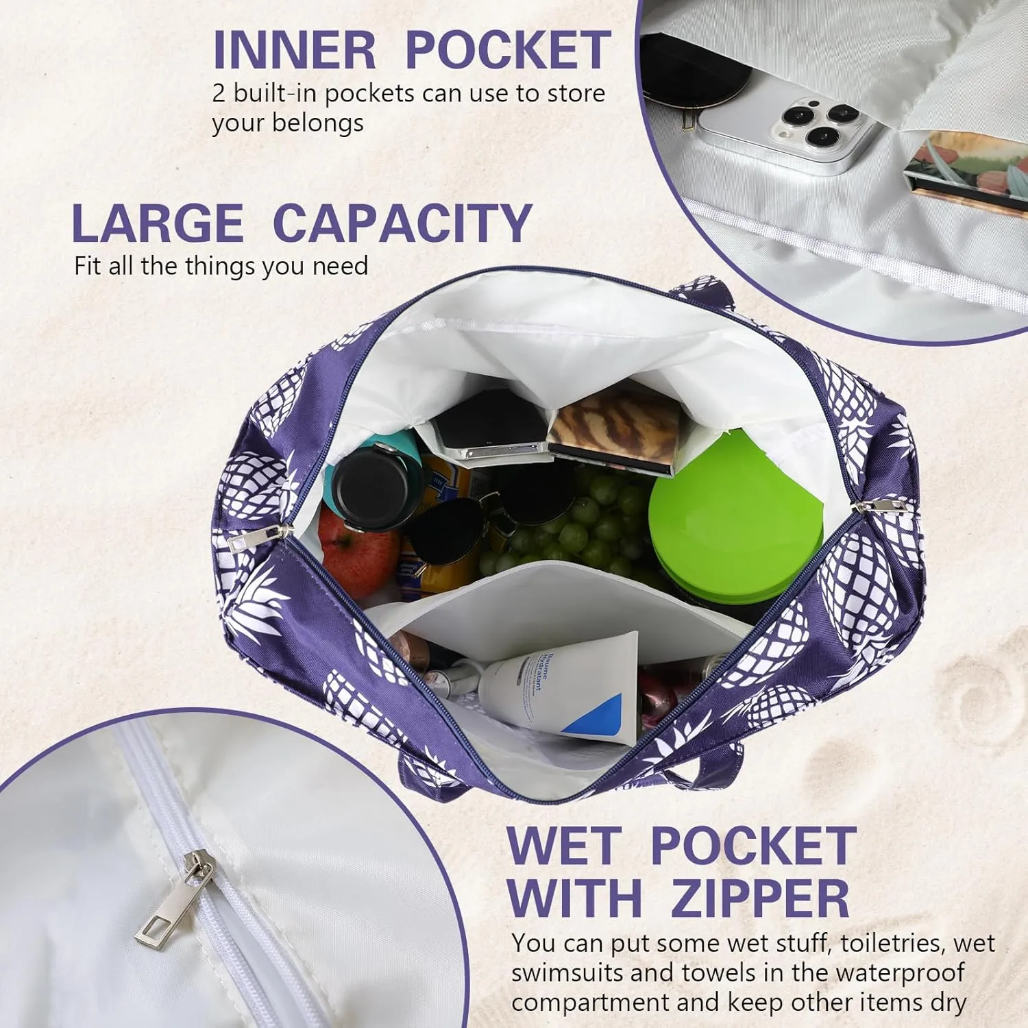 DOFOWORK Beach Bags for Women - Large Beach Bag Tote with Wet Pocket, Waterproof Sandproof with Zipper