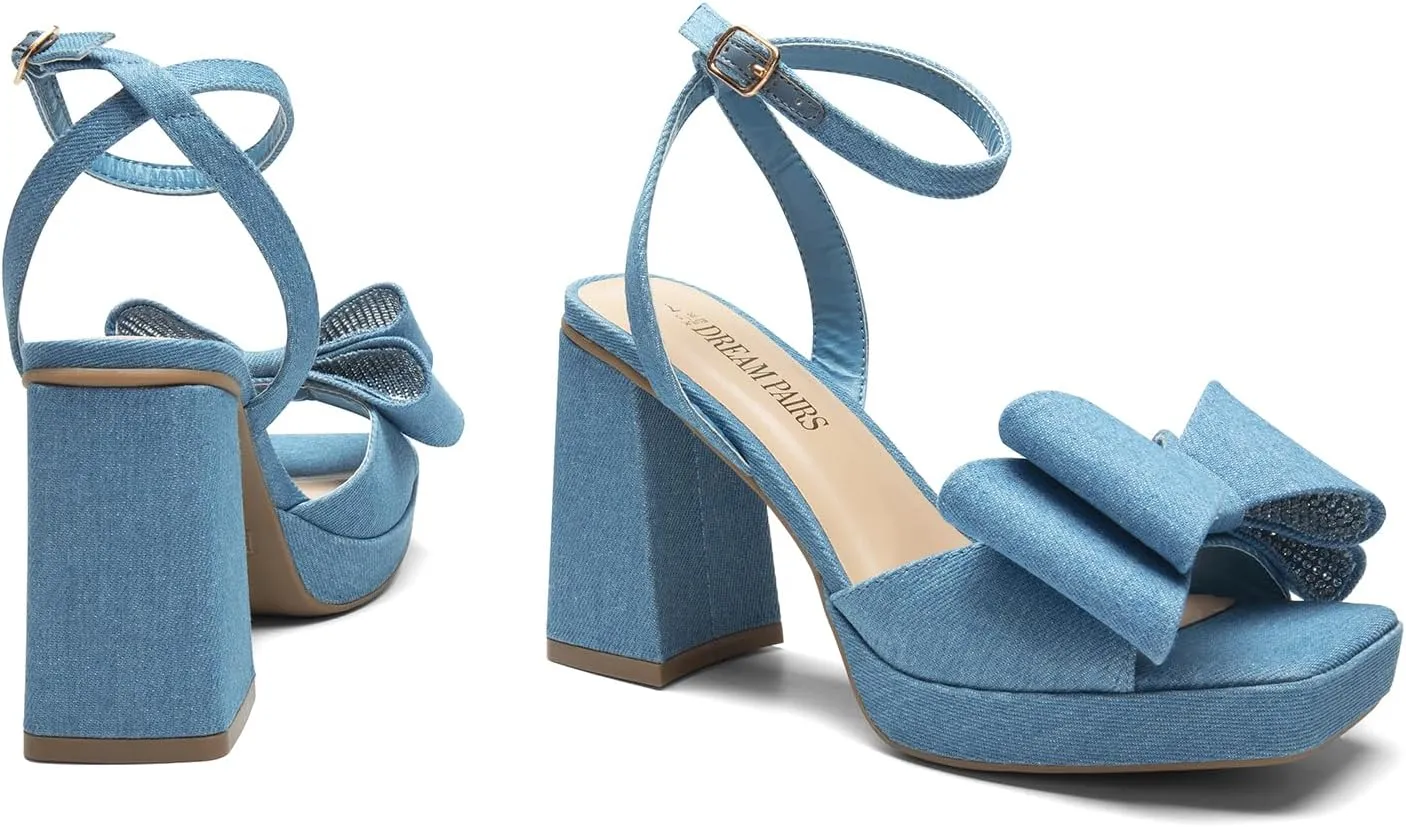 DREAM PAIRS Women's Platform Chunky Heels Fashion Bowknots High Block Square Toe Dress Sandals for Wedding Bridal Party