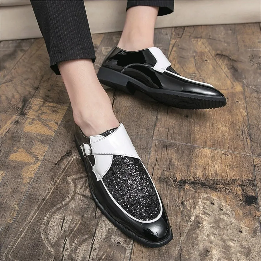 Dress Oxford for Men Slip On Monk Strap Burnished Toe PU Leather Low Top Block Heel Resistant Non Slip Rubber Sole Outdoor