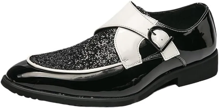 Dress Oxford for Men Slip On Monk Strap Burnished Toe PU Leather Low Top Block Heel Resistant Non Slip Rubber Sole Outdoor