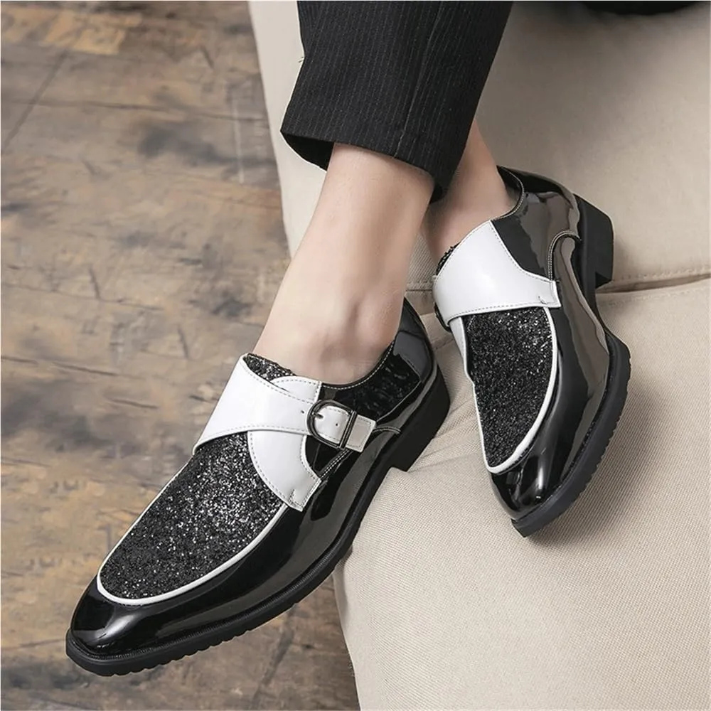 Dress Oxford for Men Slip On Monk Strap Burnished Toe PU Leather Low Top Block Heel Resistant Non Slip Rubber Sole Outdoor