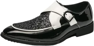 Dress Oxford for Men Slip On Monk Strap Burnished Toe PU Leather Low Top Block Heel Resistant Non Slip Rubber Sole Outdoor
