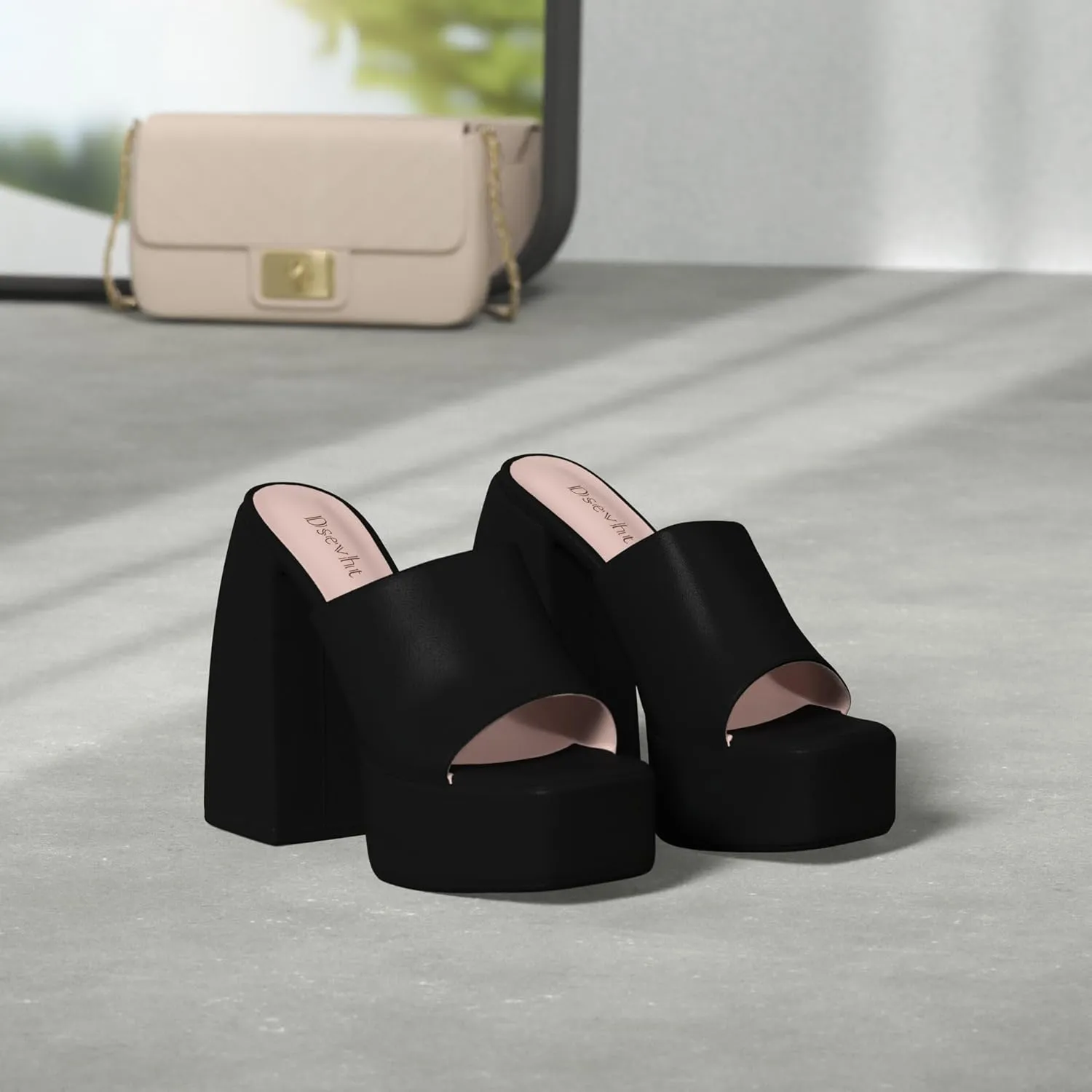 Dsevht Chunky Platform Sandals for Women,Slip On Square Toe Platform Mules with High Heel