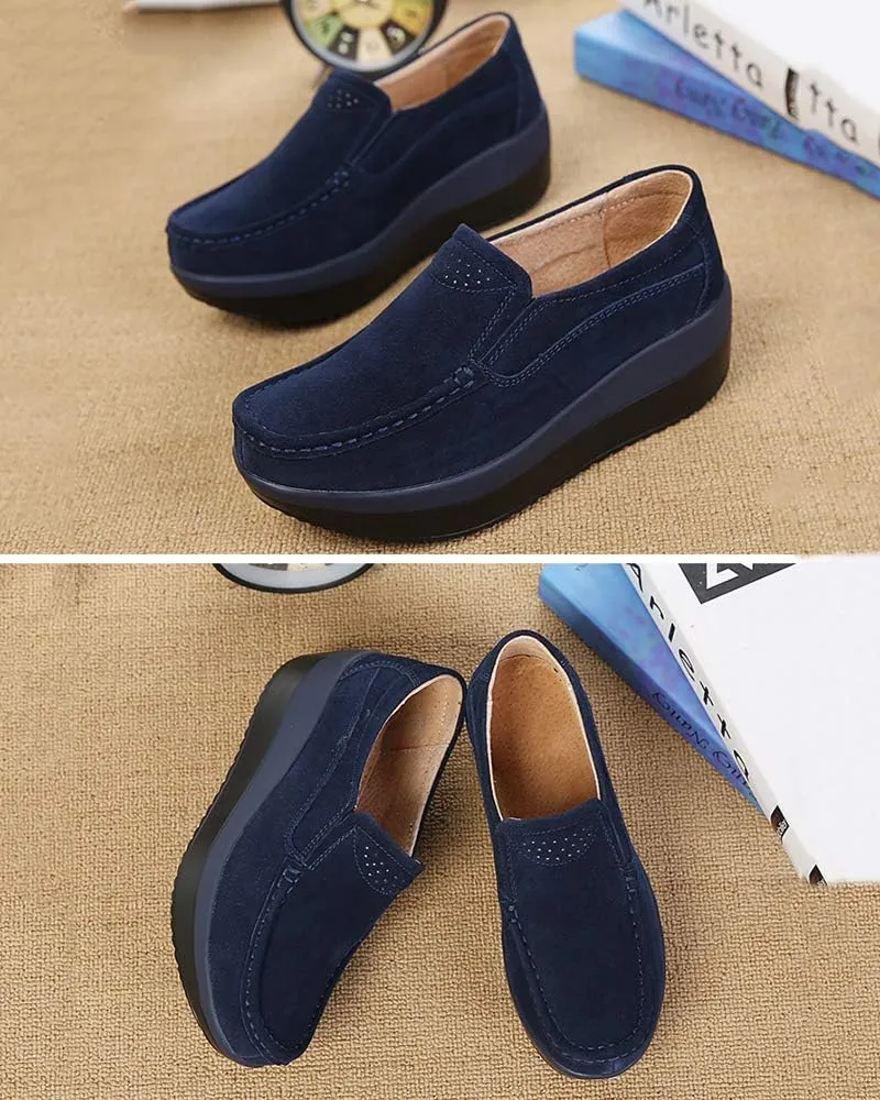 Duberess Women's Slip-on Wedge Moccasin Loafers Casual Walking Shoes Trainers Suede Leather Platform Sneakers