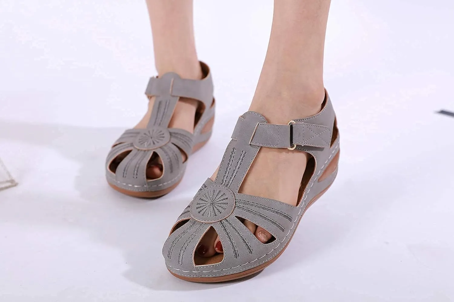 DUOYANGJIASHA Womens Sandals Dressy Summer Beach Bohemia Ankle Strap Causal Comfortable Closed Toe Wedge Shoes for Outdoor
