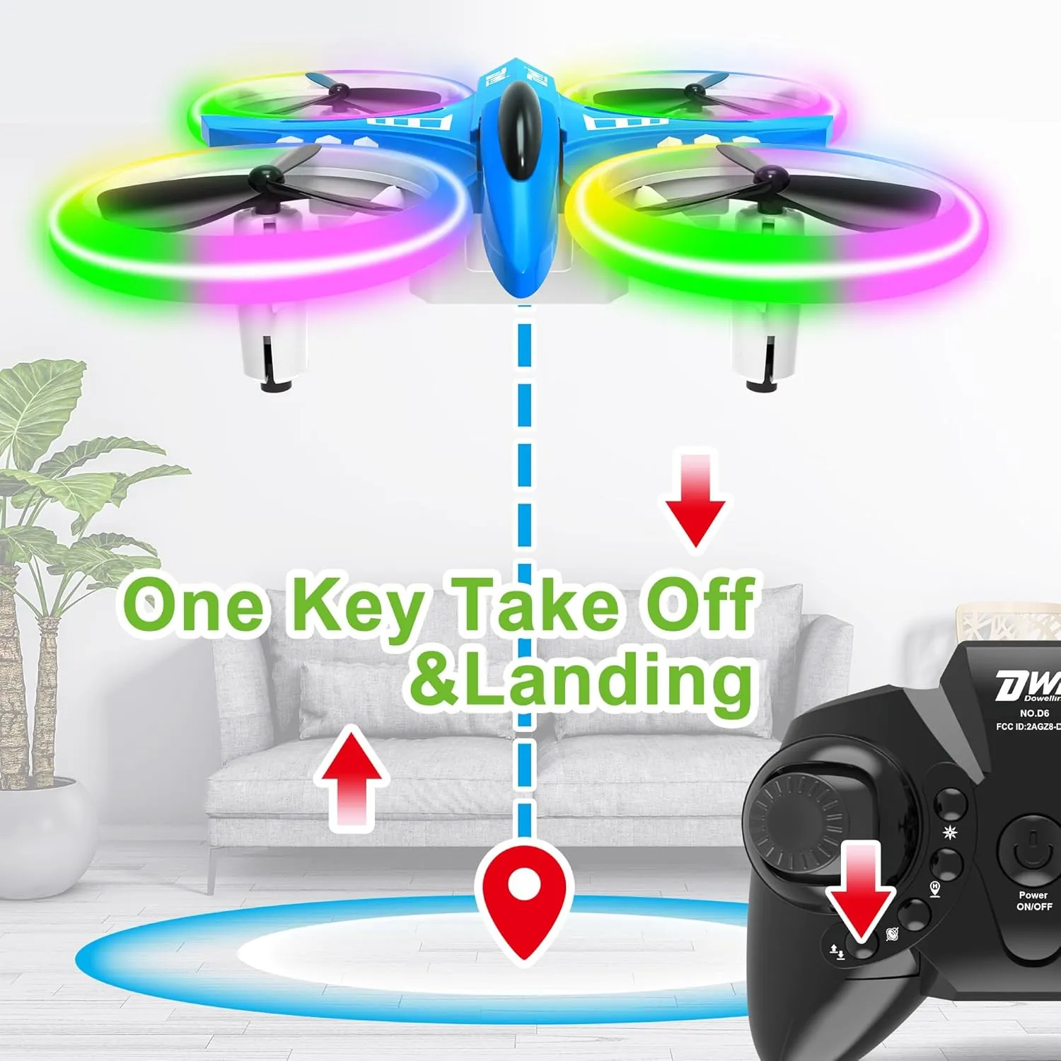 Dwi Dowellin 4.9 Inch Mini Drone for Kids LED Night Lights One Key Take Off Landing Flips RC Remote Control Small Flying Toys Drones for Beginners Boys and Girls Adults Nano Quadcopter, Blue