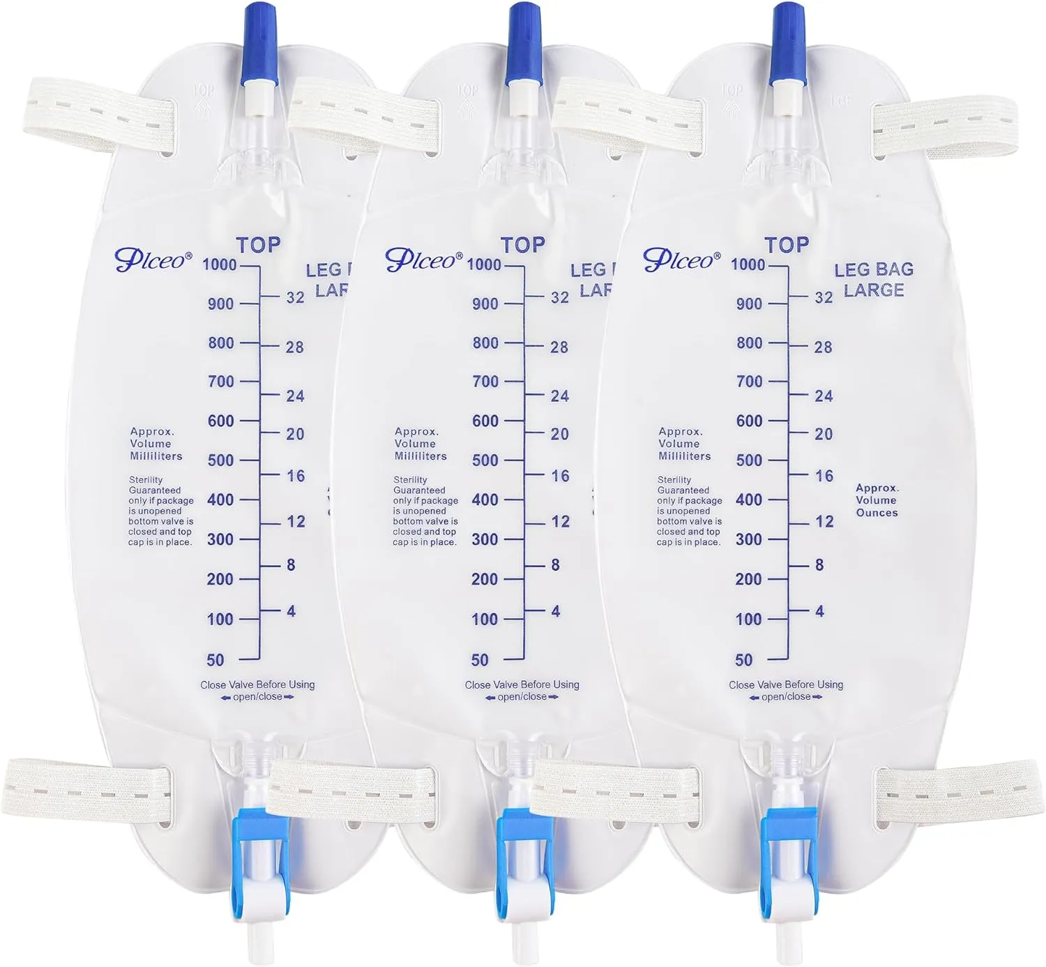 Easy-Tap Leg Bag Urinary Drainage Bag, 1000ml, Anti-Reflux Valve, Cloth Straps, Easy Flip Drain (Pack of 3)