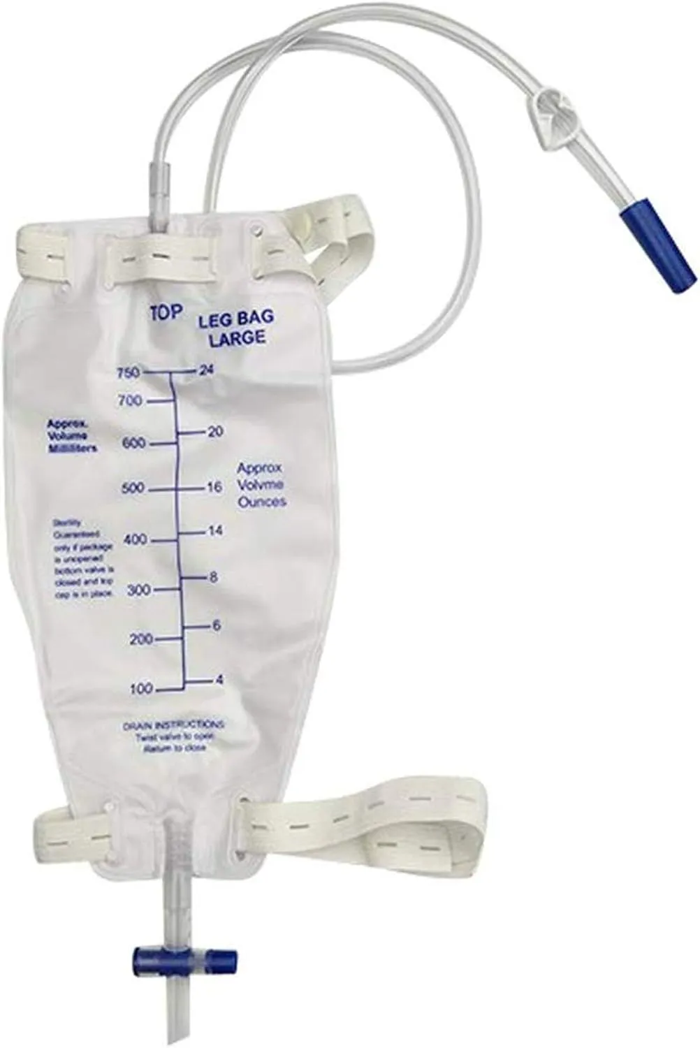 Easy-Tap Leg Bag Urinary Drainage Bag, 750ml, 30 Inch PVC Extension Tubing, Anti-Reflux Valve, Cloth Straps, Easy Flip Drain (Pack of 3)