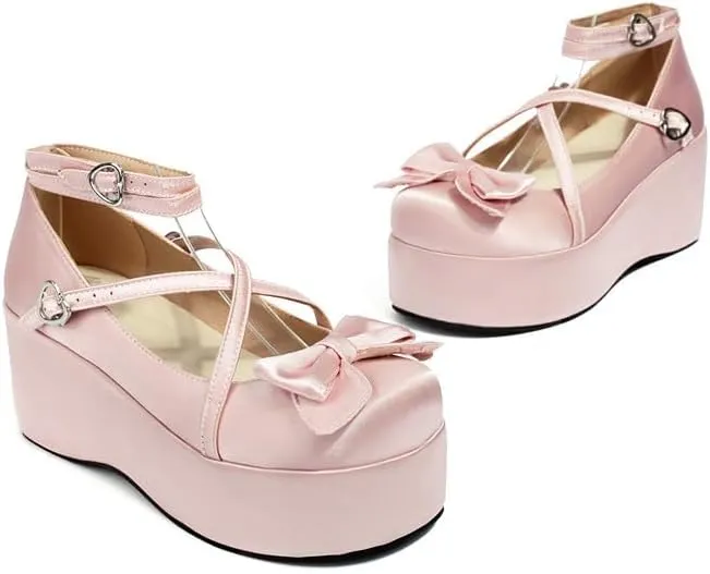 Elbslutt Womens Goth Mary Jane Shoes Platform Kawaii Cosplay Girls Lolita Shoes Round Toe Buckle Strap Chunky Wedge Heel Bow Lace Satin Bow Y2k Ankle Strap Dress Pumps Shoes Oxfords