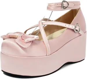Elbslutt Womens Goth Mary Jane Shoes Platform Kawaii Cosplay Girls Lolita Shoes Round Toe Buckle Strap Chunky Wedge Heel Bow Lace Satin Bow Y2k Ankle Strap Dress Pumps Shoes Oxfords