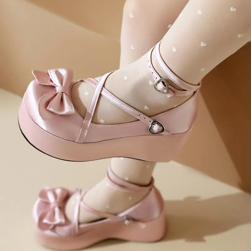 Elbslutt Womens Goth Mary Jane Shoes Platform Kawaii Cosplay Girls Lolita Shoes Round Toe Buckle Strap Chunky Wedge Heel Bow Lace Satin Bow Y2k Ankle Strap Dress Pumps Shoes Oxfords
