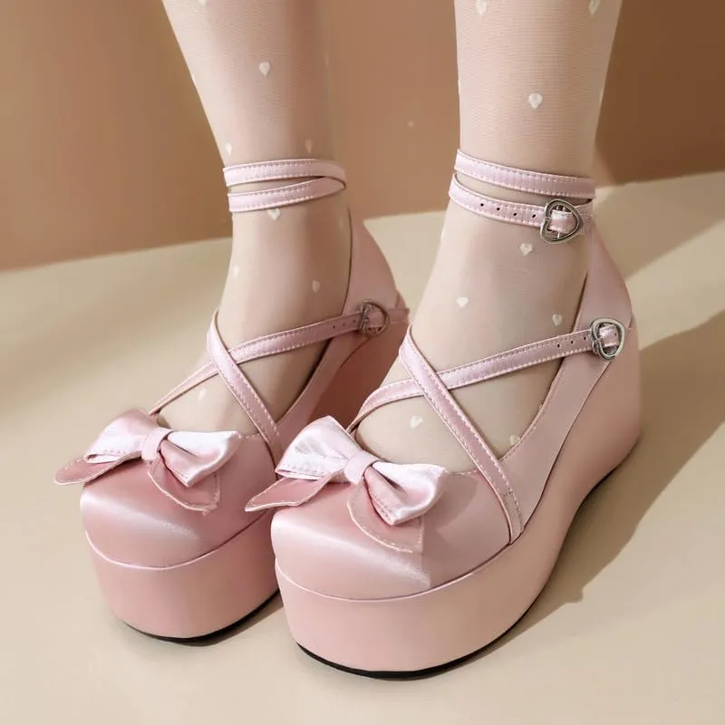 Elbslutt Womens Goth Mary Jane Shoes Platform Kawaii Cosplay Girls Lolita Shoes Round Toe Buckle Strap Chunky Wedge Heel Bow Lace Satin Bow Y2k Ankle Strap Dress Pumps Shoes Oxfords