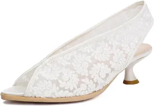 Elegant Peep Toe Slingback Pumps with Floral Mesh Design | Stylish Kitten Heel Low Platforms for Women Chic Summer and Wedding Party Dress Shoes with Flower Accents