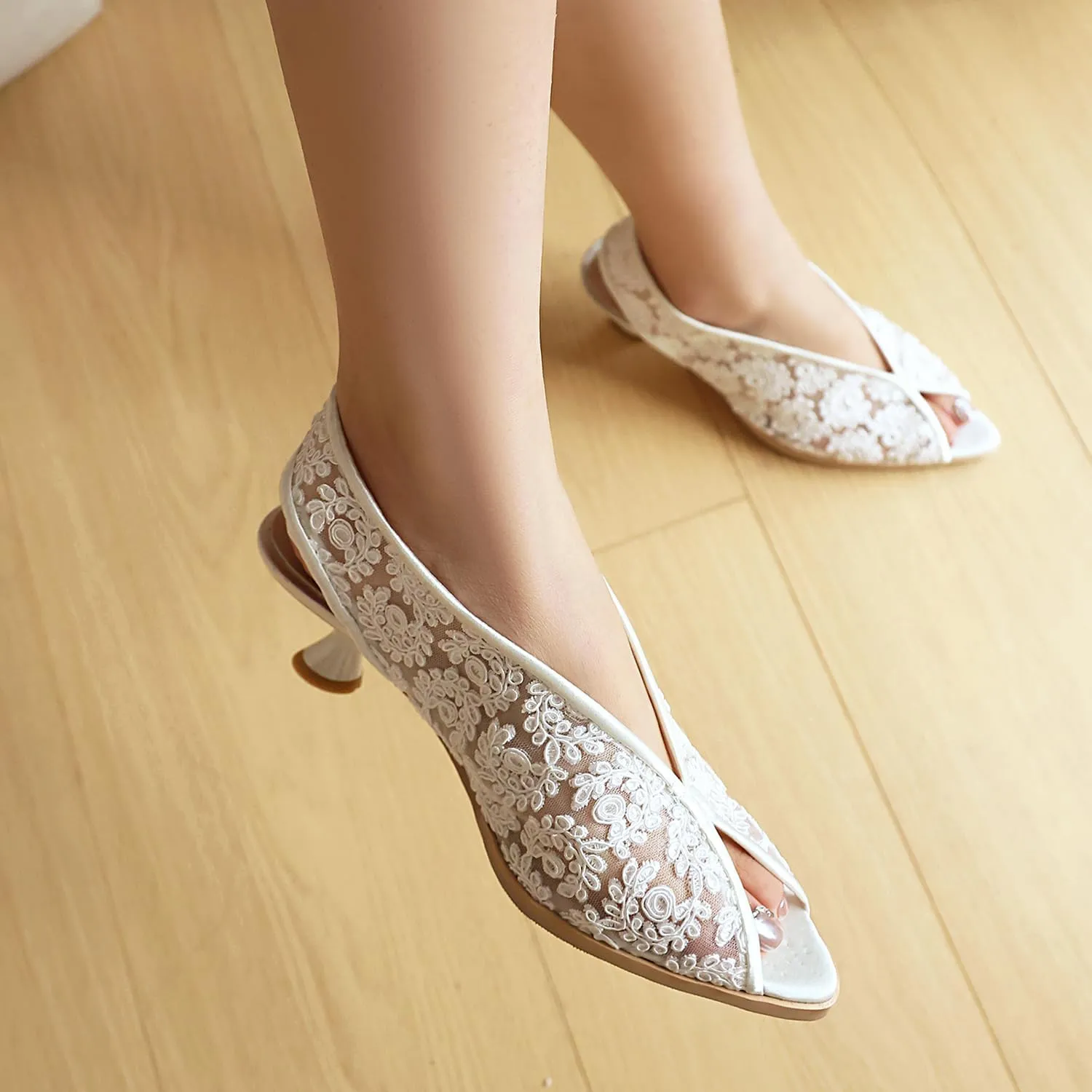 Elegant Peep Toe Slingback Pumps with Floral Mesh Design | Stylish Kitten Heel Low Platforms for Women Chic Summer and Wedding Party Dress Shoes with Flower Accents