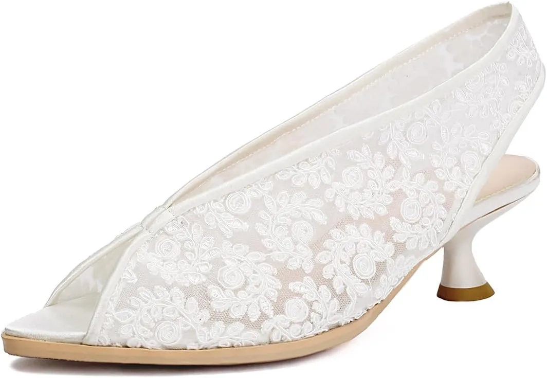 Elegant Peep Toe Slingback Pumps with Floral Mesh Design | Stylish Kitten Heel Low Platforms for Women Chic Summer and Wedding Party Dress Shoes with Flower Accents