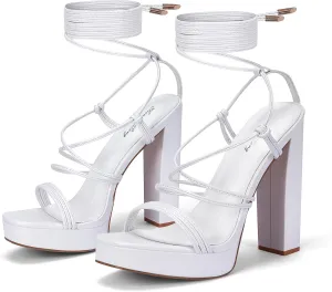 Elisabet Tang Women's Strappy Heeled Sandals, 5 inch Platform Heels Chunky Lace up High Heels Open Toe Party Shoes