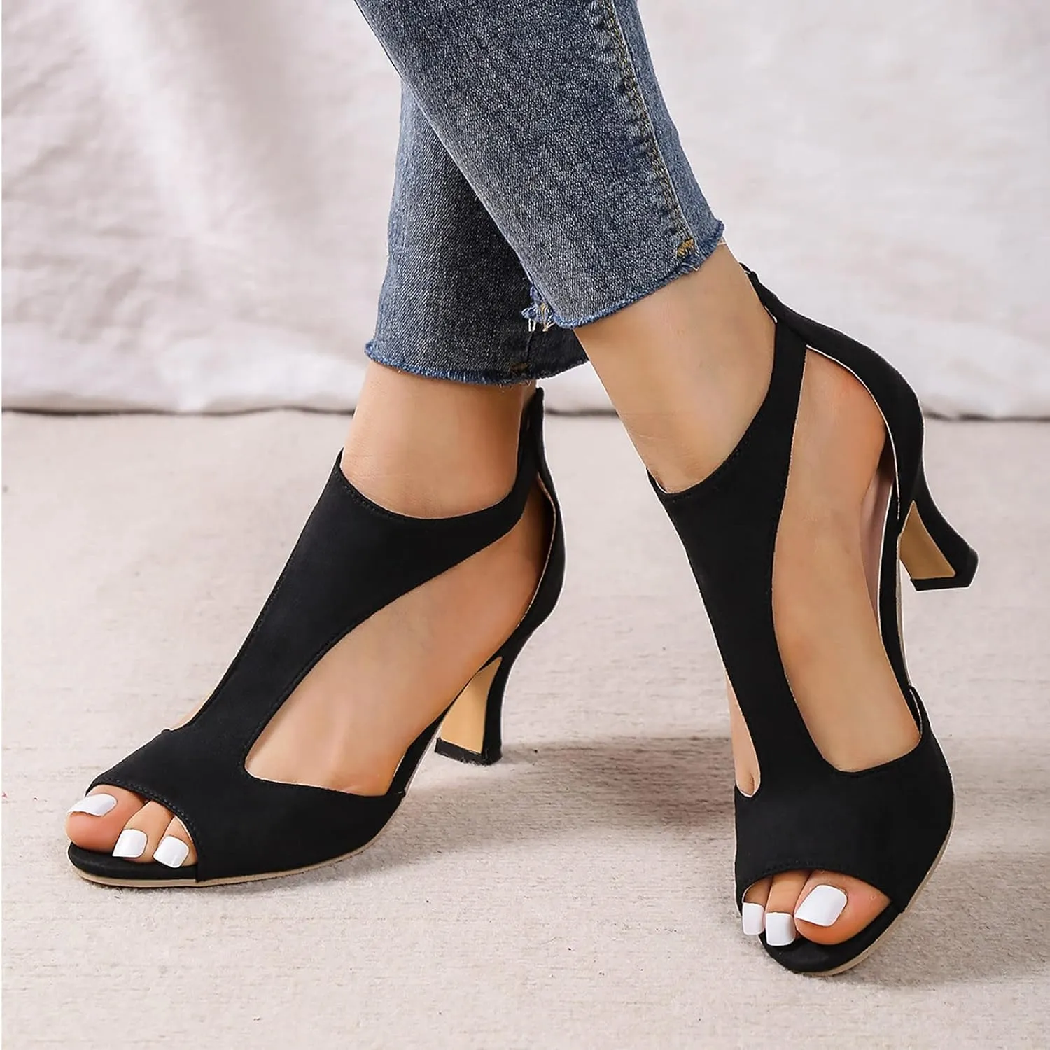 EMRELOD Mid Heeled Sandals for Women Dressy Summer Open Toe T-Strap Pumps Sandals Fashion Black Back Zip Party Wedding Dress Shoes Fashion Elegant Sandal (01-Black, 6)
