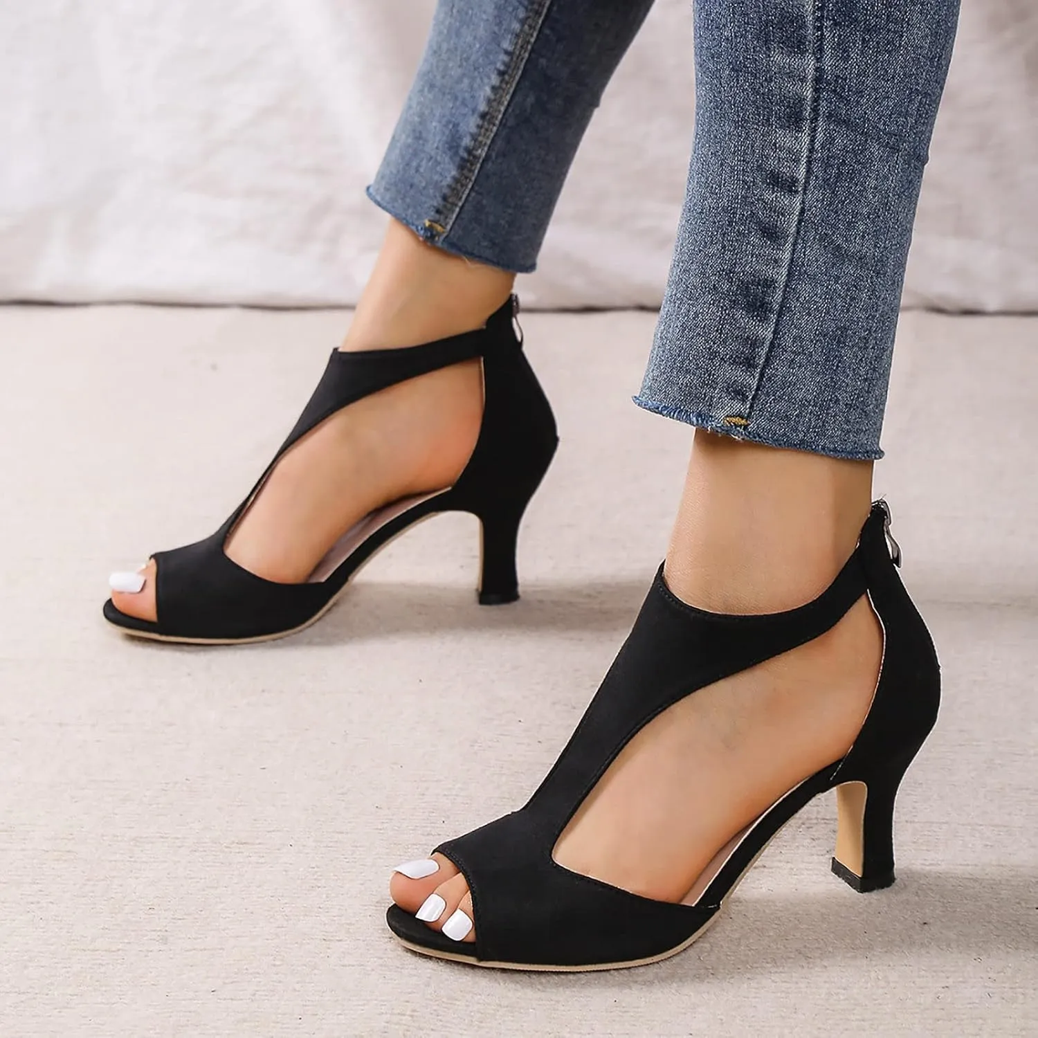 EMRELOD Mid Heeled Sandals for Women Dressy Summer Open Toe T-Strap Pumps Sandals Fashion Black Back Zip Party Wedding Dress Shoes Fashion Elegant Sandal (01-Black, 6)