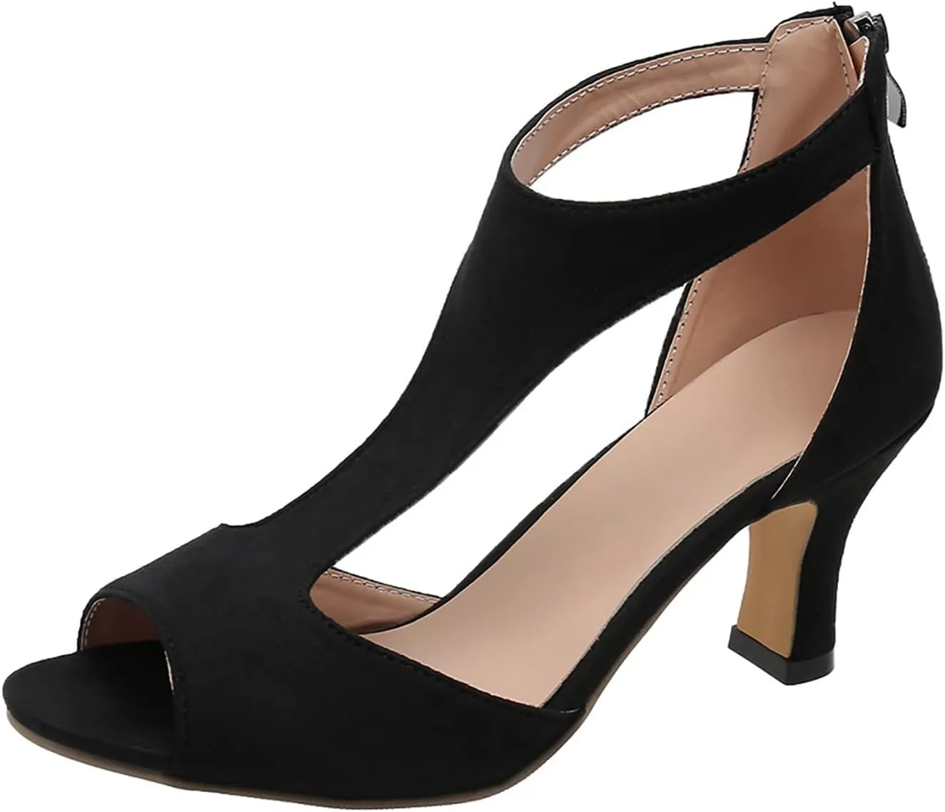 EMRELOD Mid Heeled Sandals for Women Dressy Summer Open Toe T-Strap Pumps Sandals Fashion Black Back Zip Party Wedding Dress Shoes Fashion Elegant Sandal (01-Black, 6)