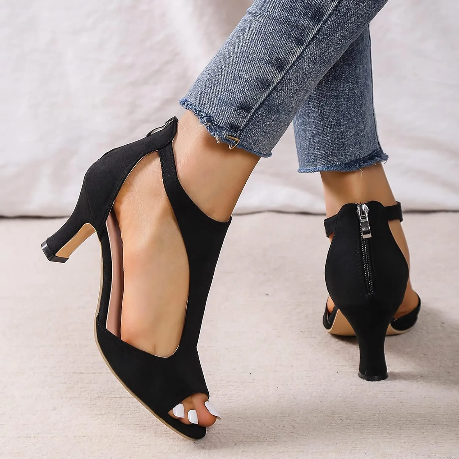 EMRELOD Mid Heeled Sandals for Women Dressy Summer Open Toe T-Strap Pumps Sandals Fashion Black Back Zip Party Wedding Dress Shoes Fashion Elegant Sandal (01-Black, 6)