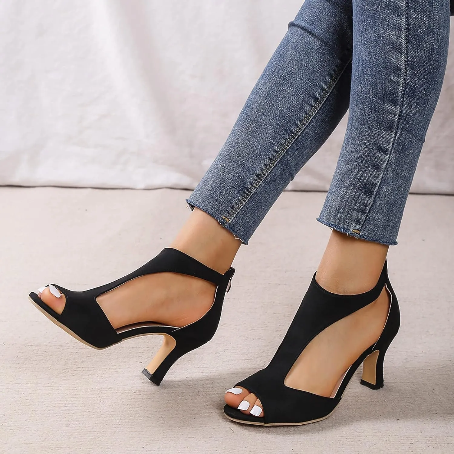 EMRELOD Mid Heeled Sandals for Women Dressy Summer Open Toe T-Strap Pumps Sandals Fashion Black Back Zip Party Wedding Dress Shoes Fashion Elegant Sandal (01-Black, 6)