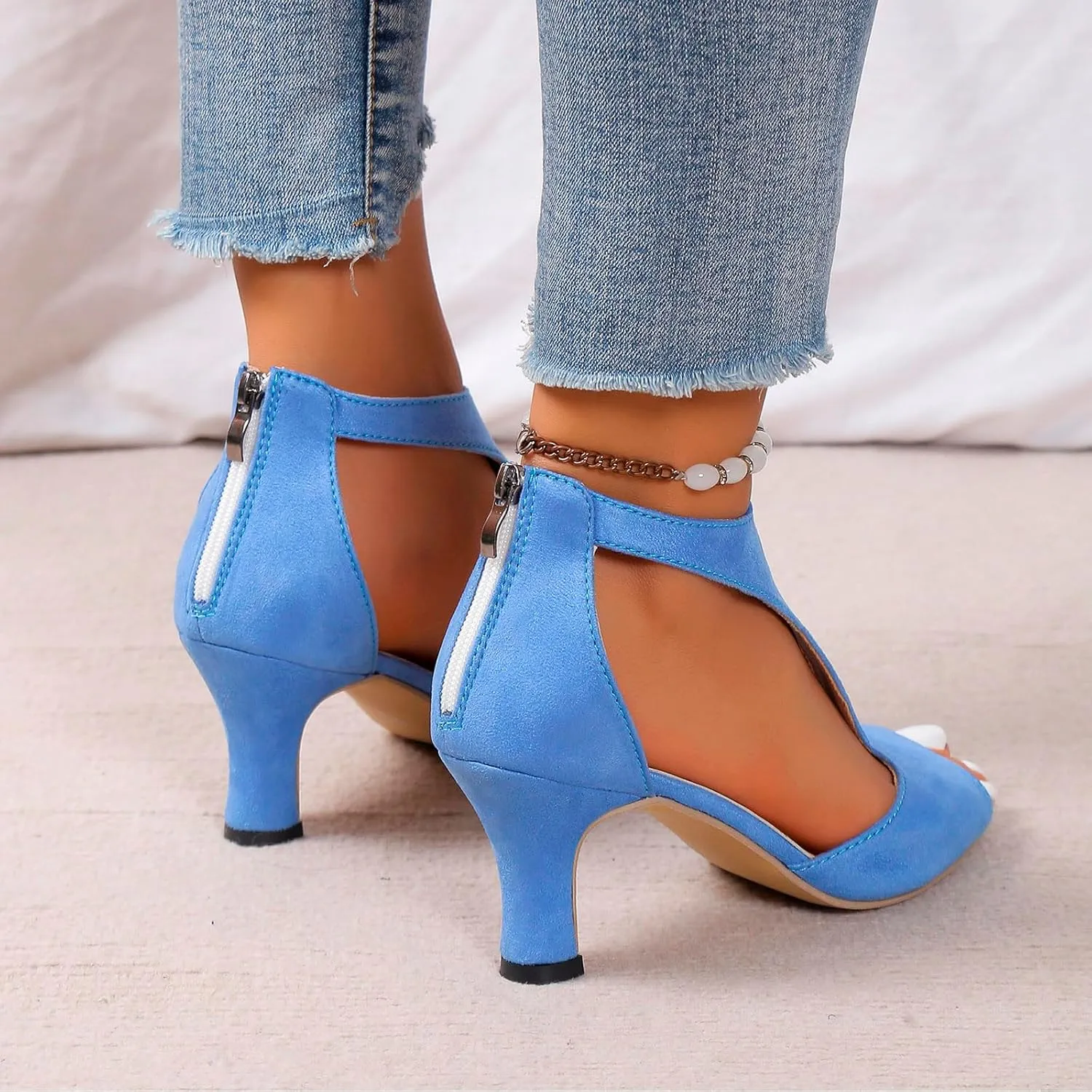 EMRELOD Mid Heeled Sandals for Women Dressy Summer Open Toe T-Strap Pumps Sandals Fashion Black Back Zip Party Wedding Dress Shoes Fashion Elegant Sandal (04-Blue, 8.5)