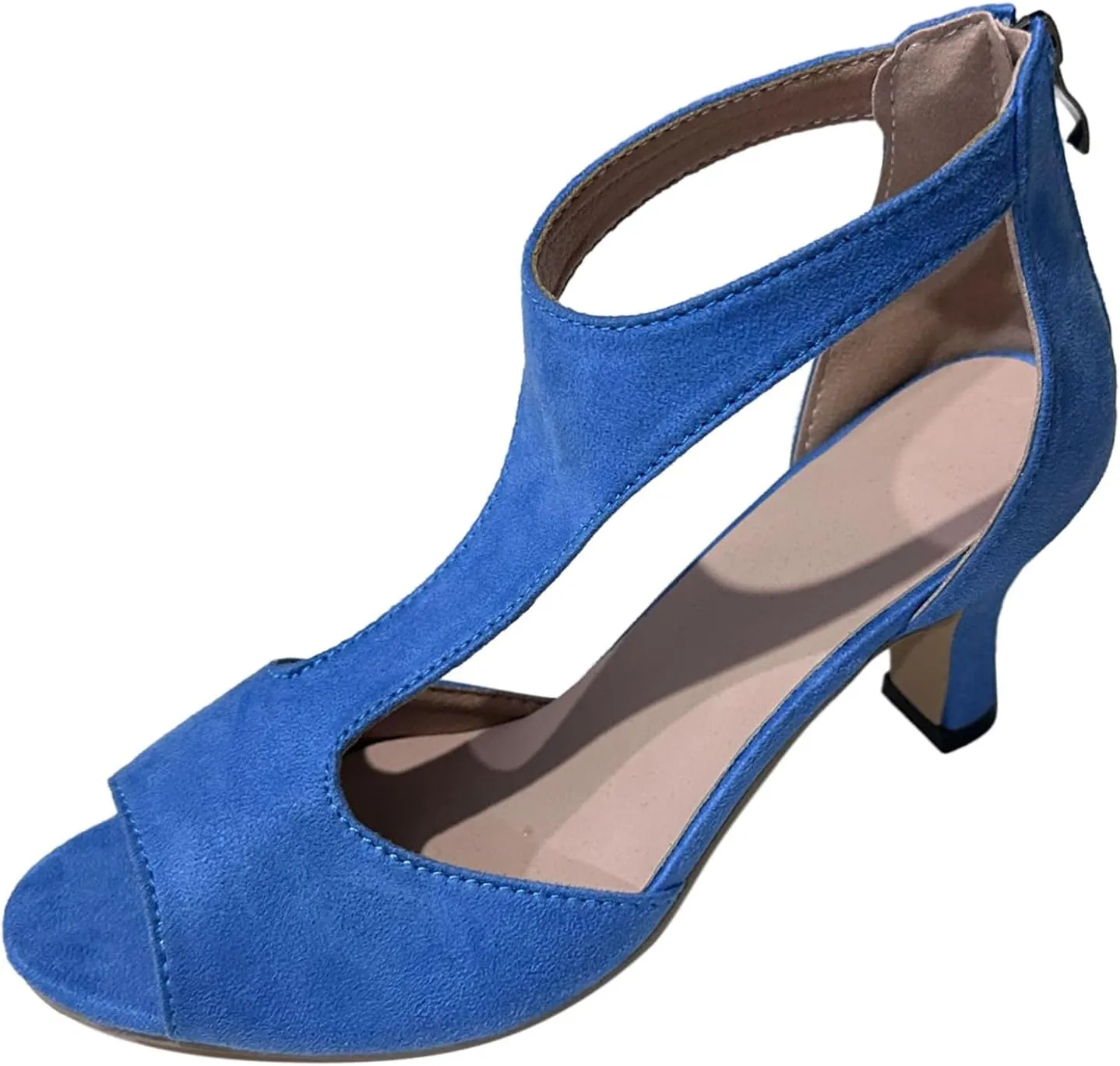 EMRELOD Mid Heeled Sandals for Women Dressy Summer Open Toe T-Strap Pumps Sandals Fashion Black Back Zip Party Wedding Dress Shoes Fashion Elegant Sandal (04-Blue, 8.5)