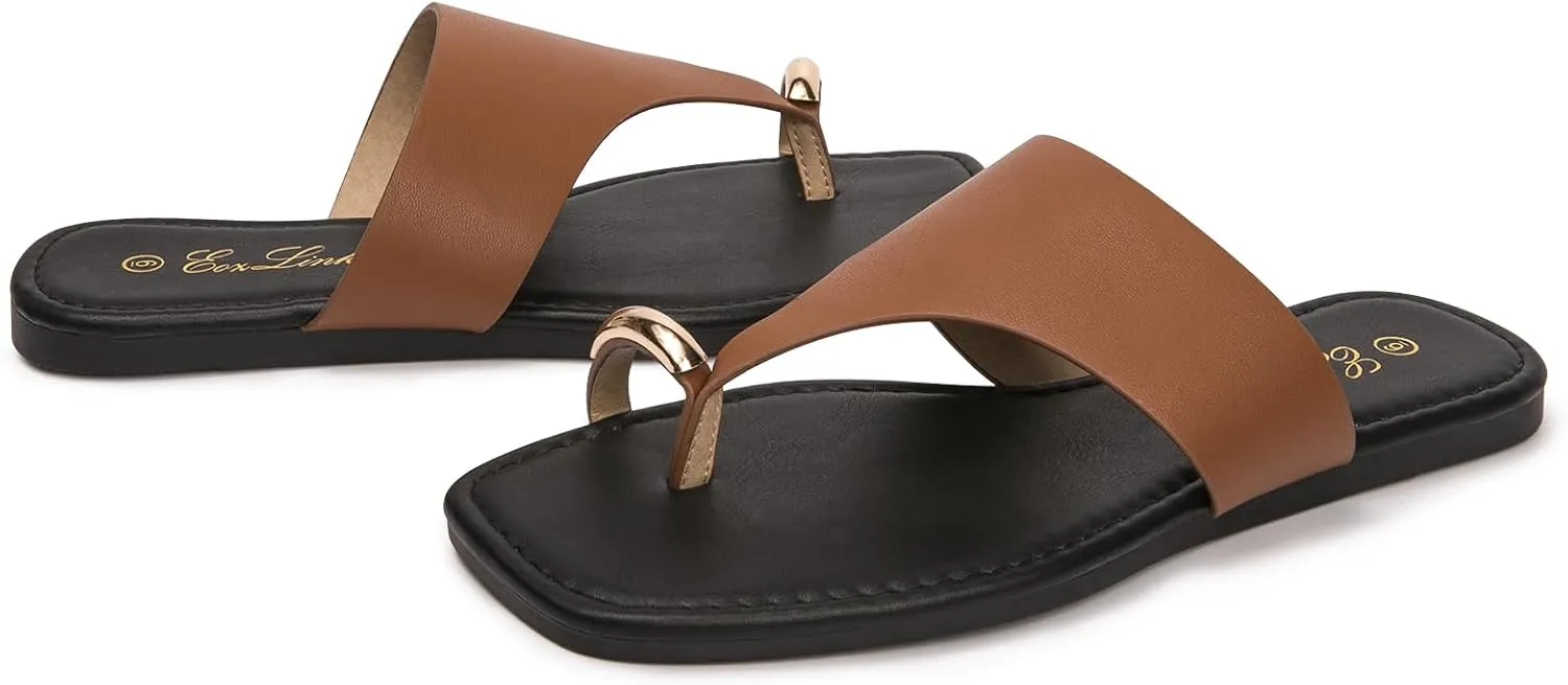 Eozlink Women's Slide Sandals Ring Toe Flat Sandals Slip On Sandals Open Toe Flip Flop Thong Sandals Casual Summer Beach Sandals