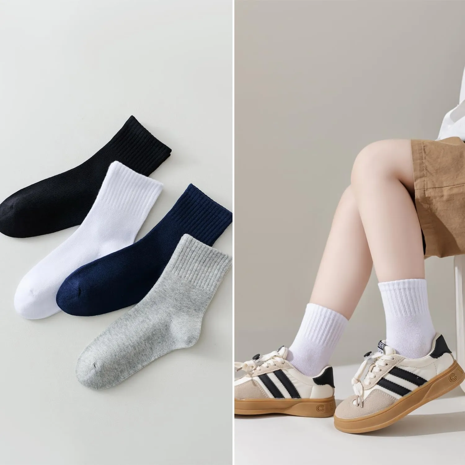 EPEIUS Unisex Kids Crew Socks Boys Dress Socks Soft Cotton Seamless School Socks for Girls White Black Navy 4/8 Pairs