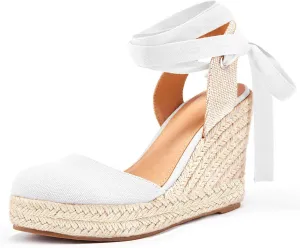 Ermonn Womens Espadrilles Wedge Sandals Platform Closed Toe Ankle Strap Lace Up Summer Shoes